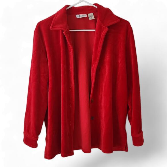 Vintage 90s Shirt The Tog Shop Womens Medium Velour Petite Red Stretch Button - Picture 1 of 12